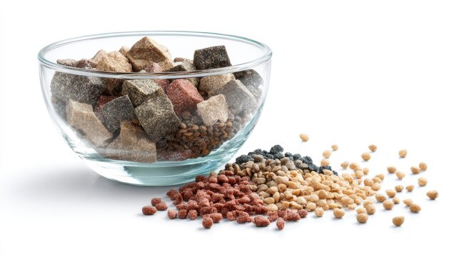 Fish food flakes and pellets floating beside aquarium bowl, isolated on white background, clean commercial style, detailed product photography.