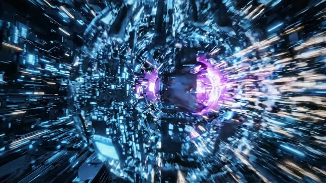 Futuristic tunnel with glowing blue data sphere and fast motion