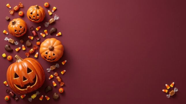 Jack o lantern pumpkins and candy on a dark purple background
