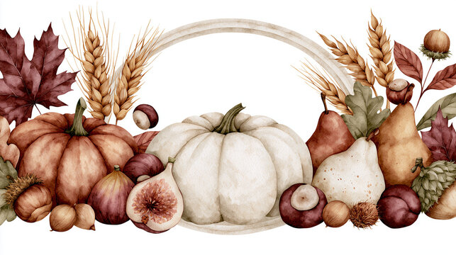 Watercolor Autumn Harvest Border with Pumpkins, Pears, Figs and Wheat