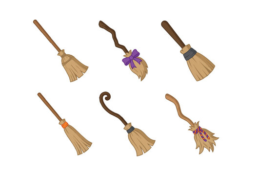 Halloween Witch Broom Icon Set Vector Illustration, Broomstick Flat Design Isolated on White Background