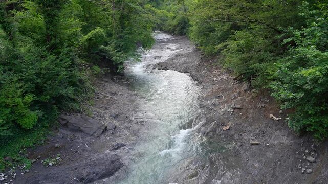 Aerial view of mountain river flowing through lush green forest landscape