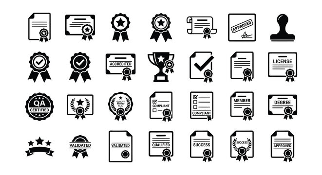 Collection of flat vector icons depicting diplomas certificates and document approvals