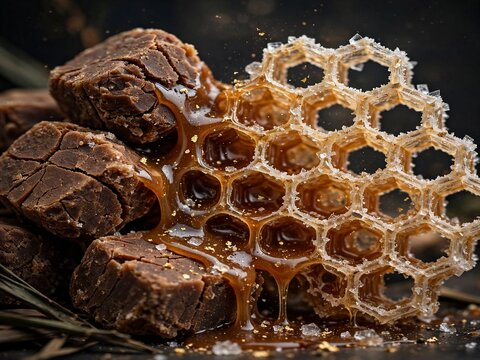 Photorealistic Abstract Thai Palm Sugar Blocks Melting into Geometric Honeycomb with Edible Gold Dust