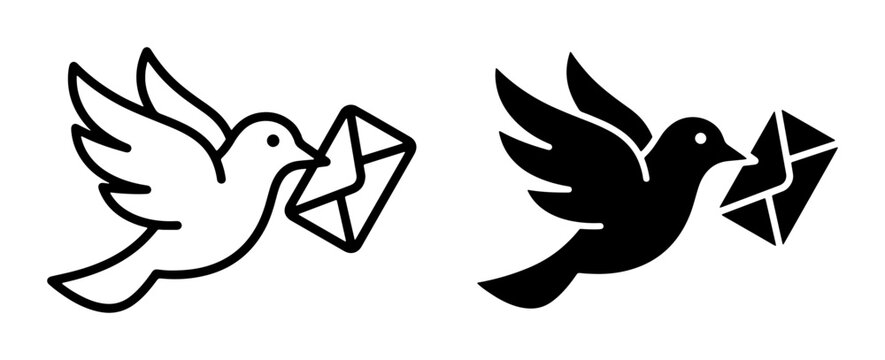Dove carrying letter icons, vector illustration of bird delivering message, peace and communication symbols