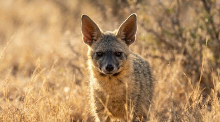 Fototapeta premium Cape Fox in Golden Light: A young Cape fox, with its characteristic large ears and alert gaze, stands in dry, golden grassland during the warm light of dawn or dusk.
