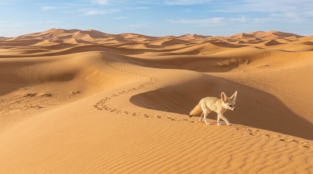 Fennec Fox in the Sahara: A fennec fox with oversized ears treads a path of footprints across undulating sand dunes in the vast Sahara Desert under a clear blue sky.