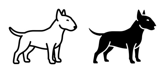 Obraz premium Bull Terrier Dog Icons, Silhouette and Outline Vector Graphics. Pet Breed Animal Symbol Set.