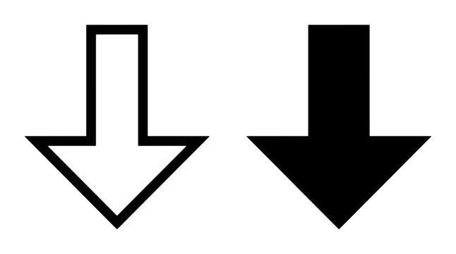 Two Downward Arrow Icons, Simple Vector Symbols for Direction, Decline, or Navigation. Black and White, Outline and Solid Styles.