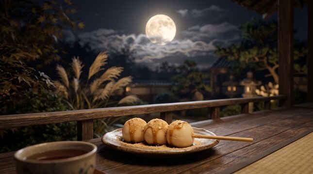 Traditional Japanese dango dumplings on wooden veranda under full moon night sky with autumn pampas grass