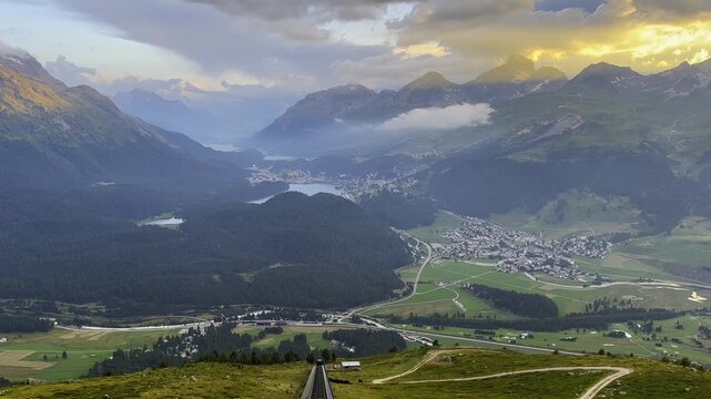 Panoramic View Over the Five Alpine Lakes, and Mountain View in the swiss Alps and Cityscape over St Moritz, Maloja, Grisons, Switzerland.