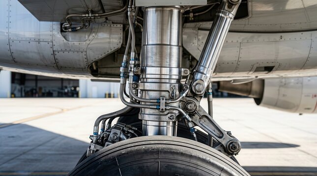 Detailed close up of airplane landing gear featuring complex mechanics and hydraulic lines.