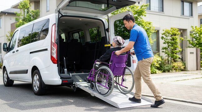 Caregiver assisting an elderly person in a wheelchair into a welfare taxi with a ramp.