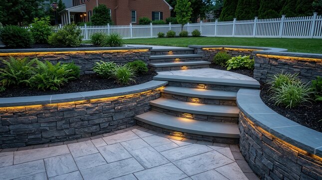 Custom stone retaining wall with integrated cap lighting and tiered patio steps.