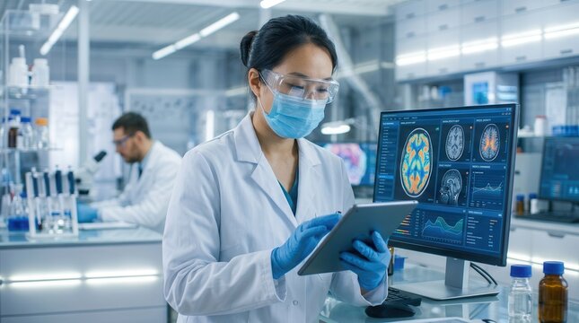 A female scientist in a lab coat and face mask gestures toward brain scan data on a screen.
