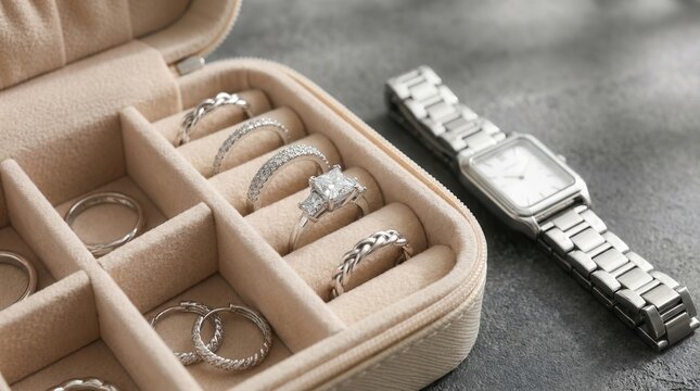 Silver jewelry and a wristwatch arranged in an open organizer on a grey grunge background.