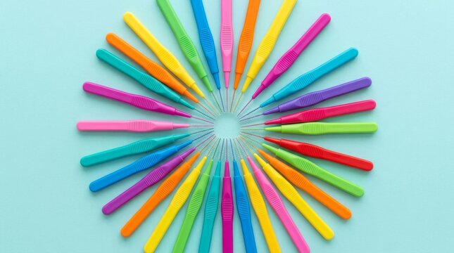 Colorful Interdental Brushes Arranged in a Circular Pattern on Light Blue Background.