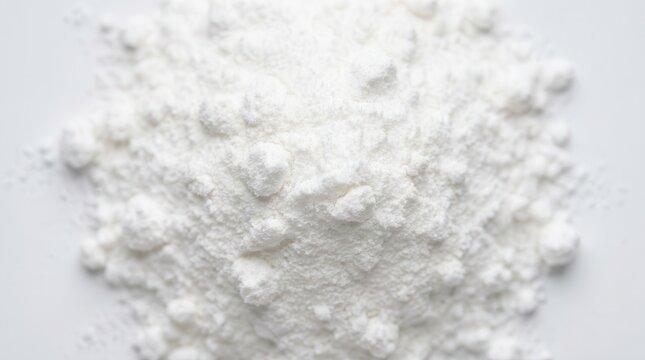 Close-up of white creatine monohydrate powder texture.