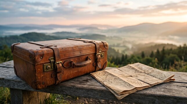 Vintage brown leather suitcase and paper map on wooden bench with misty mountain sunrise landscape