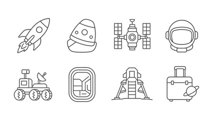 Space Exploration Icons: A collection of simple, line-art icons representing elements of space exploration, including a rocket ship, capsule, satellite, astronaut helmet, rover, window, lander. © Nirob