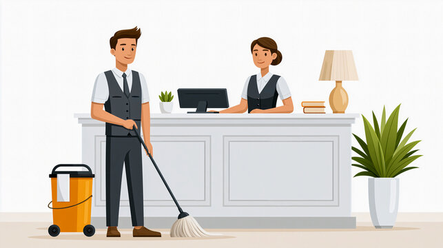 Hotel Staff Attending to Duties A male staff member mops the floor while a female receptionist stands behind a counter, signifying hotel service and hospitality.