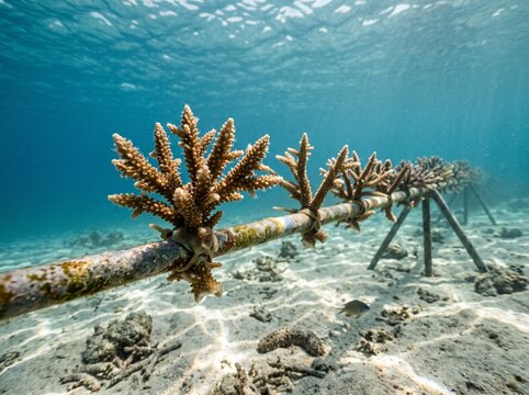 Coral fragments grown over their ties along a nursery bar