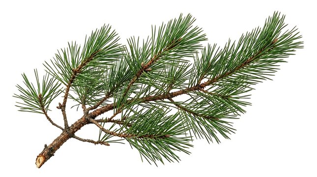 A detailed green pine branch isolated on a white background.