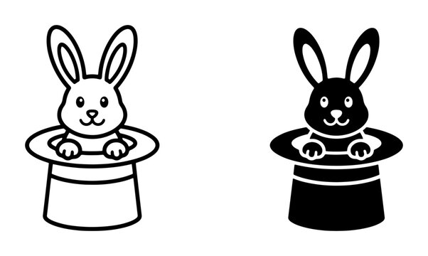 Magic Rabbit in Top Hat Vector Icons, Illusionist Bunny Silhouette, Entertainment Symbol, Performance Art Graphic