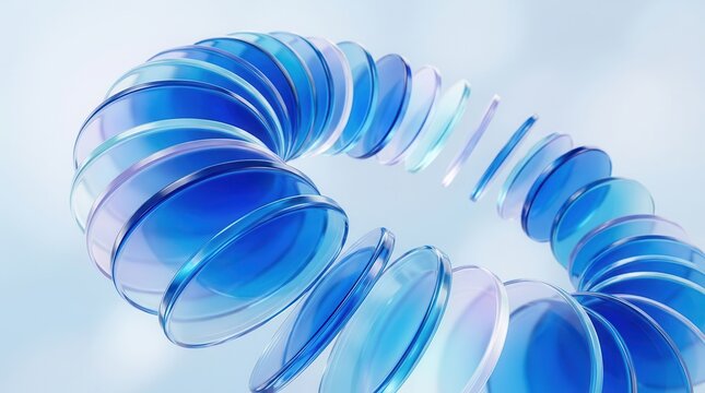 Abstract 3D render of blue glass discs in a curved spiral formation.