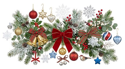 Naklejka premium Christmas festive garland decoration with red bow ornaments and pine branches.