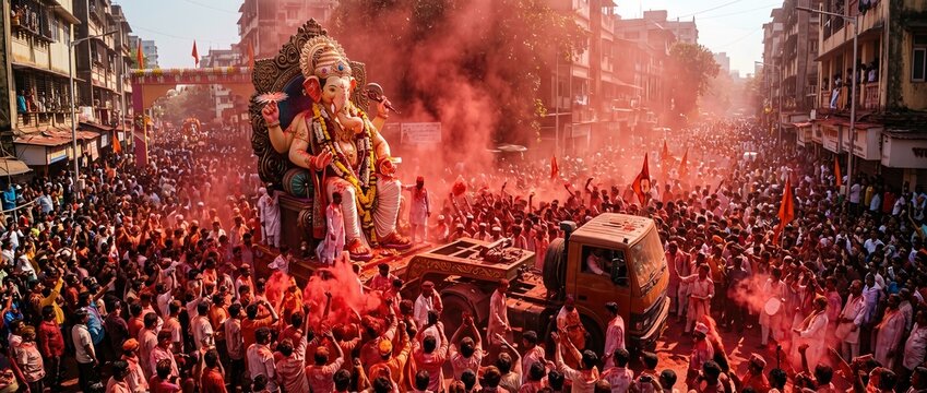 Grand elephant headed deity idol on truck during street religious procession with red powder