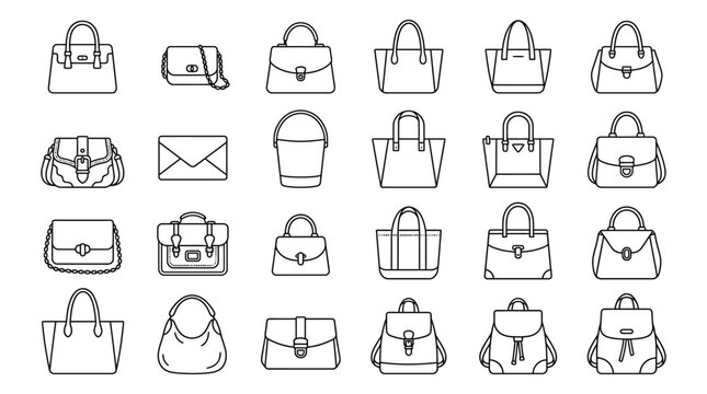 Collection of various handbag line icons on a white background