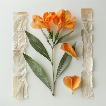 Flat lay composition of an orange alstroemeria flower with green leaves and torn vintage paper strips on a white background