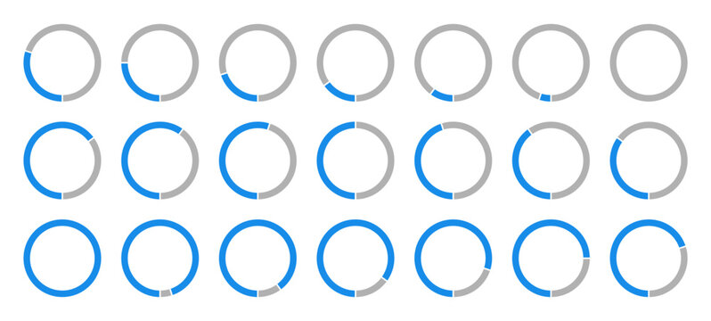 Blue and gray color fill pie charts indicator template, progress bars. Round graph loading progress set. Round percentage infographic. Circle diagrams icons for infographics from 100 to 0 percent.