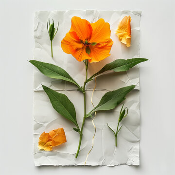 Flat lay composition of a vibrant orange flower with green leaves and buds on crumpled white paper