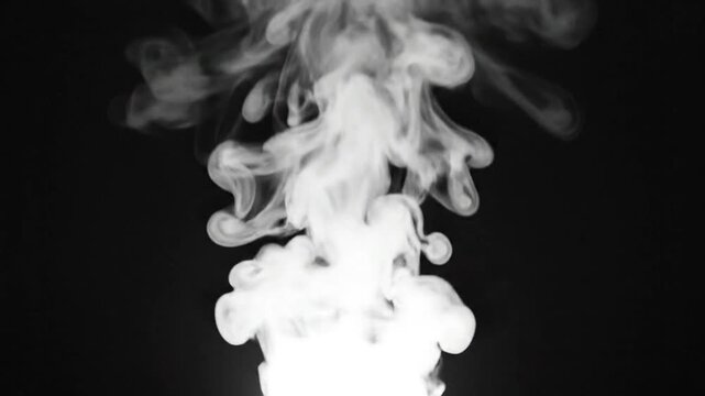 Abstract white steam plume rising in slow motion against a dark black background, elegant fluid movement