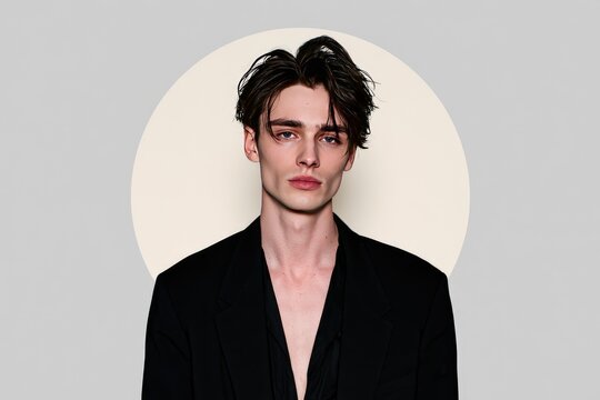 Stylish Young Man in Black Blazer with Modern Hairstyle Against Minimalist Background