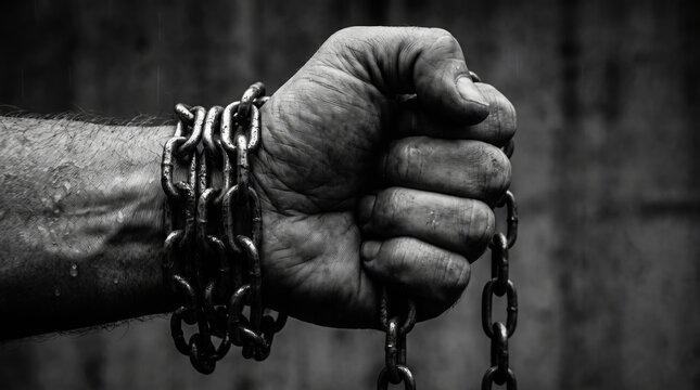 Clenched Hand Wrapped In Heavy Metal Chains.