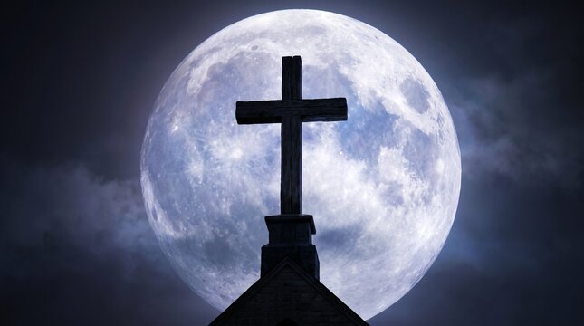 A wooden cross sits atop a stone church building against a bright full moon background with steeple against backdrop silhouette cross stands
