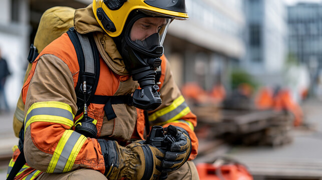 Firefighter wearing protective gear and gas mask during a rescue operation, preparing equipment for emergency response, focusing on duty and safety, copy space