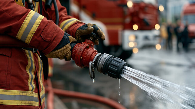 Firefighter gloved hands in protective suit gripping a red hose nozzle, spraying a powerful water stream to suppress flames and symbolize emergency response and duty, copy space