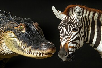 Fototapeta premium A Close up Studio Portrait of an American Alligator and a Zebra Facing Each Other on Black Reality.
