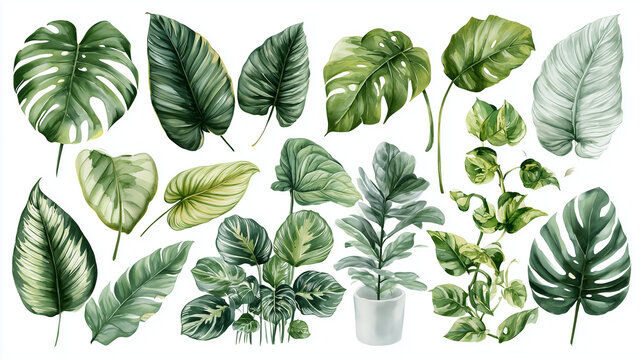 Set of Watercolor Tropical Leaves and Potted Houseplants for Botanical Decor and Design