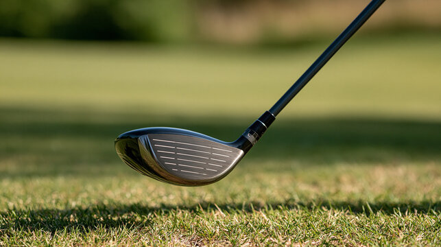 Golf club driver head hovering above green grass fairway, ready for tee shot, illustrating precision, sport, recreation, and summer outdoor activity, copy space