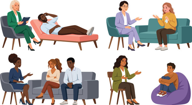 Psychologist and Psychotherapist Counseling Sessions with Individual Adults, Stressed Couples, and Sad Children for Mental Health Support Vector Concept Set