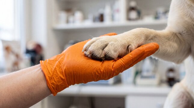 Vet helps dog by holding its paw during a check-up in an animal clinic