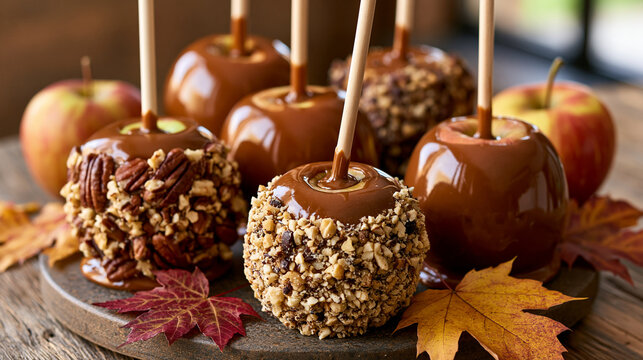 Caramel apples with glossy sweet coating, some rolled in chopped pecans and peanuts, arranged on rustic wood with scattered autumn leaves for a festive fall treat