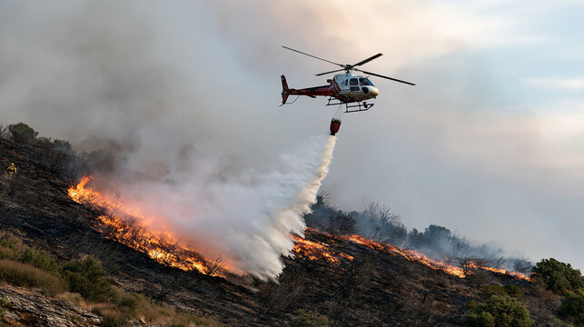 Helicopter performing aerial firefighting, dropping water on a burning hillside during a wildfire, a firefighter observing the dangerous brush fire below