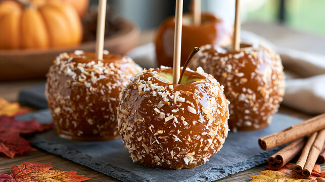 Caramel apples coated with coconut flakes on a slate board, featuring cinnamon sticks and autumn leaves, evoking fall season traditions and holiday treats