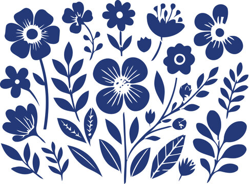 Blue Floral Vector Set with Hand Drawn Botanical Flowers and Leafy Branches